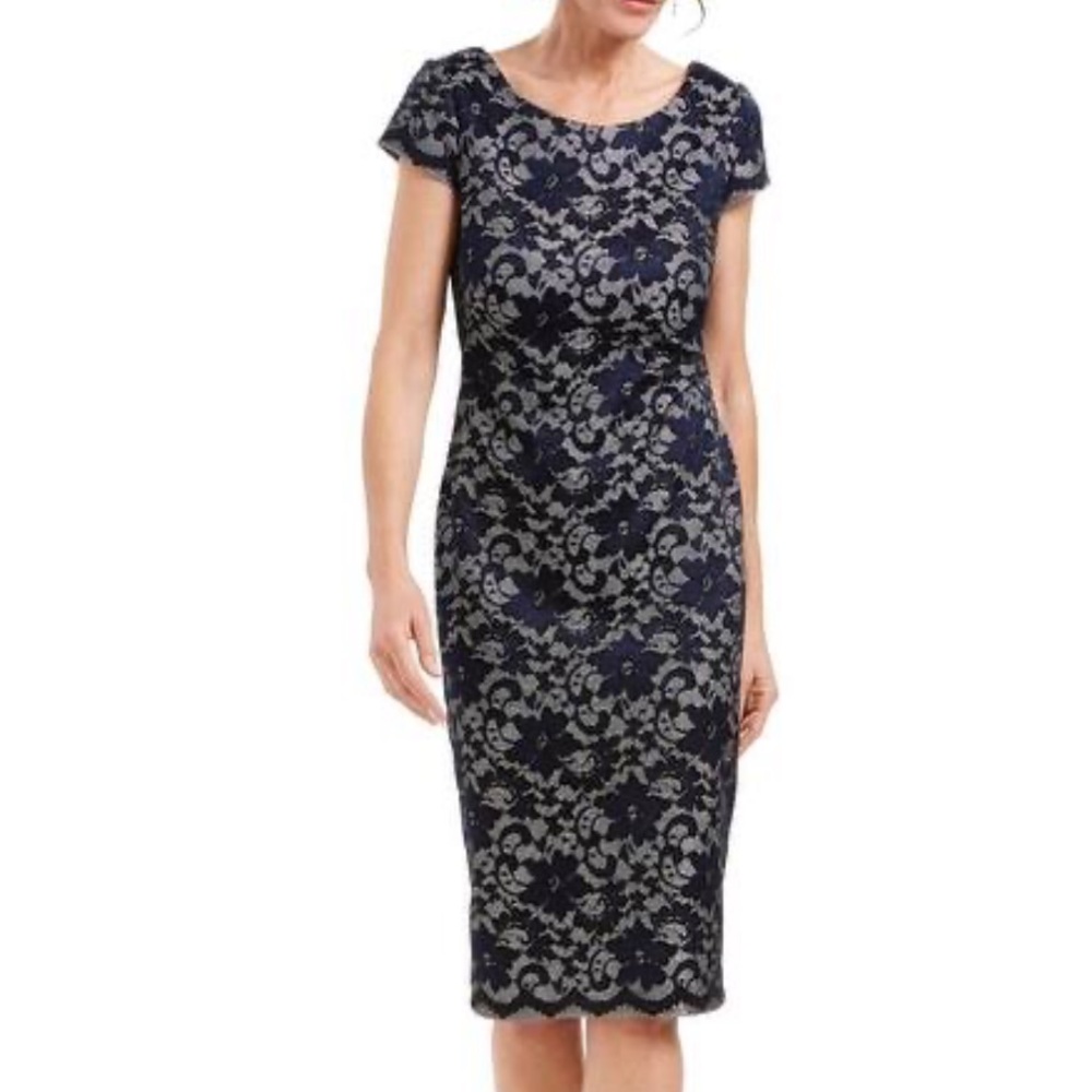Connected Apparel Women’s Formal Cocktail Dress Size 10 Embroidered Glitter Navy